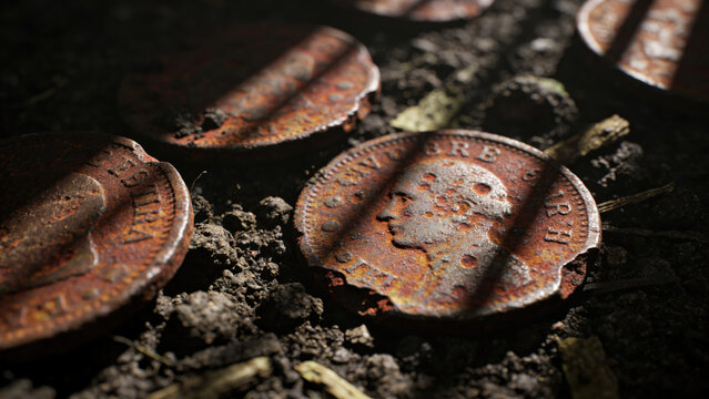 Ancient Rusty Coins Buried in Soil, Archaeological Discovery, Close-up Macro