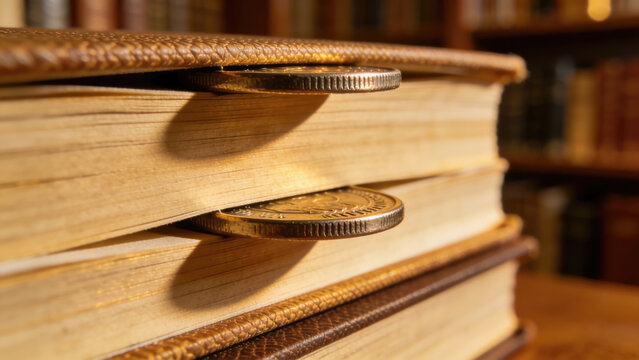 Old books with coins as bookmarks in library - knowledge, finance, education