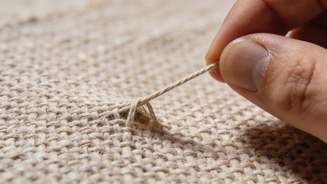 Close-up of a finger repairing a hole in rough woven fabric with thread