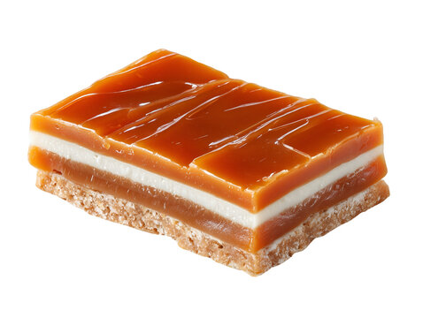 Layered caramel slice with a buttery biscuit base and creamy filling, isolated on a white background in a clean studio shot.