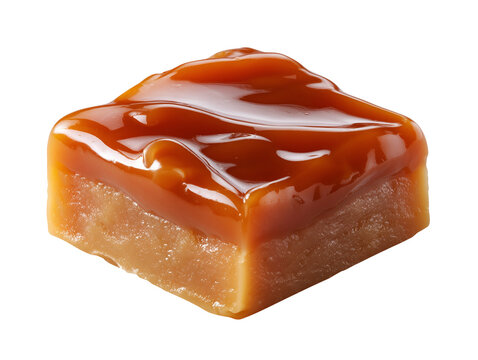 Rich buttery toffee candy with a glossy caramel coating, isolated on a white background in a clean studio food photograph.