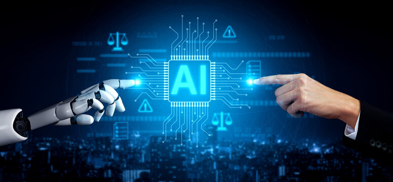 AI-generated image showing artificial intelligence control system with legal balance, cybersecurity warnings, compliance icons, and digital circuit board design Vouch
