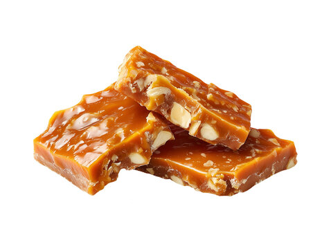 Crunchy buttery toffee with roasted almond pieces, isolated on a white background in a clean studio food photograph.