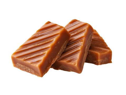 Smooth buttery toffee pieces with a rich caramel flavor, isolated on a white background in a clean studio food photograph.
