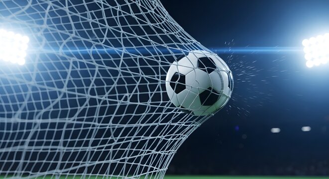 Soccer ball entering goal net in stadium