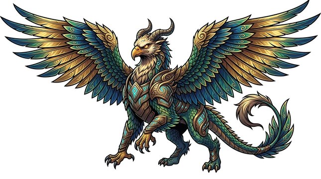 Majestic fantasy griffin with teal and gold wings and ornate armor