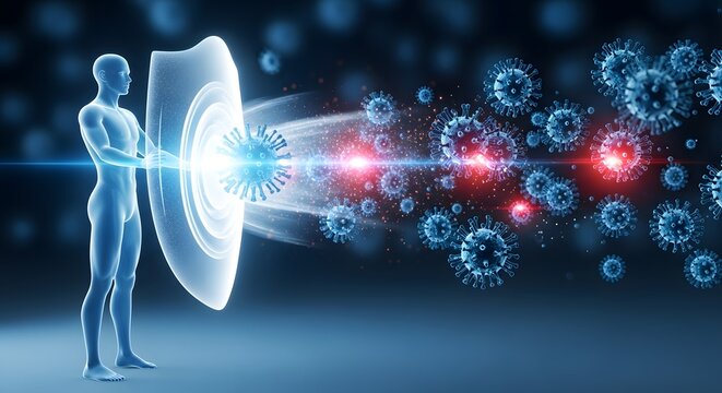 Human silhouette holding shield against virus particle