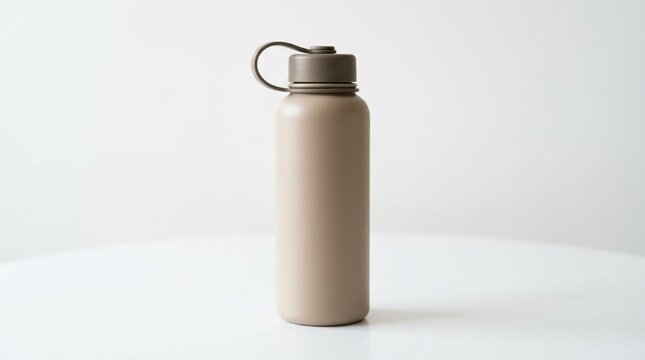A minimalist matte beige reusable water bottle with a soft loop cap stands upright on a clean white surface, showcasing eco-friendly hydration and modern design for daily use and travel.
