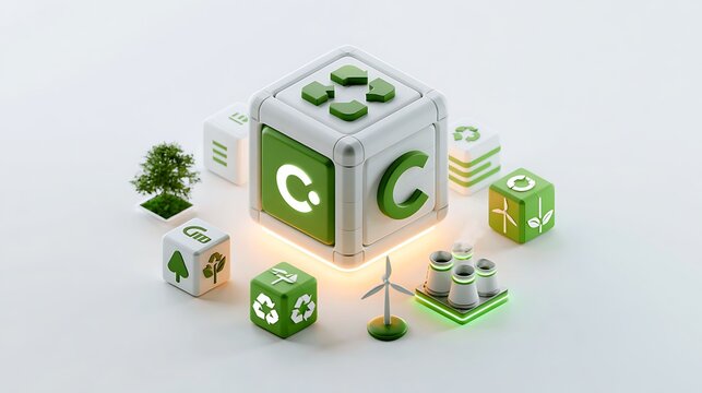 Glowing carbon credit cube surrounded by renewable energy icons, sustainable investment concept,