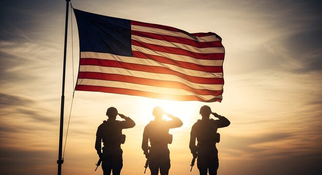Soldiers saluting under American flag at sunset