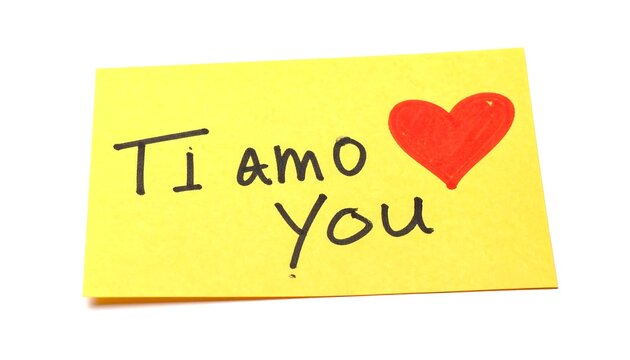 A yellow sticky note shows a hand-drawn red heart beside the Italian words "Ti amo" meaning "I love you" with the word "You" below