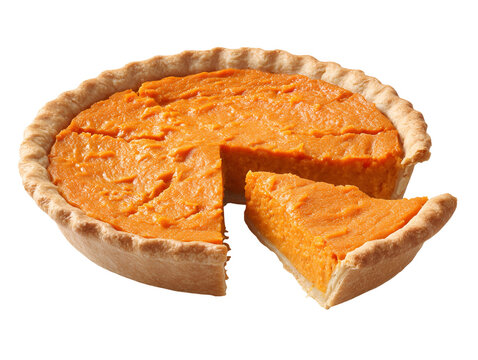 Classic sweet potato pie with a smooth, creamy orange filling and flaky pastry crust, isolated on a white background.