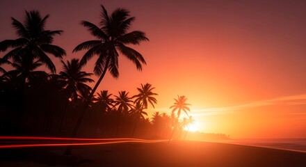 Obraz premium Sunset over tropical beach with palm tree silhouettes