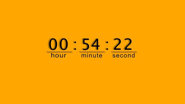 Digital clock timer displaying fifty four minutes and twenty two seconds on yellow background.