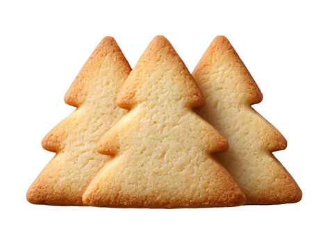 Christmas tree shaped sugar cookies with buttery texture and lightly golden edges, isolated on a white background.