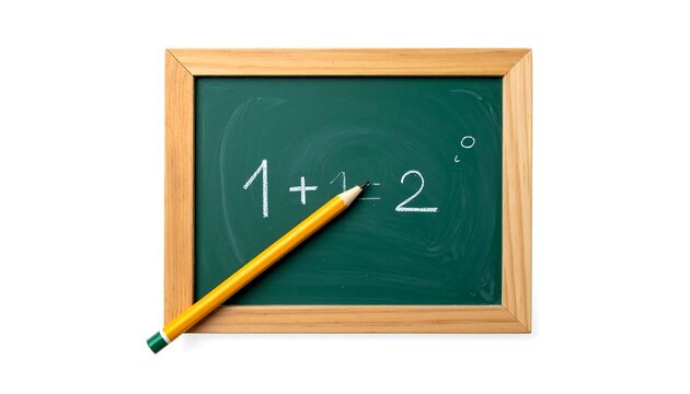 A wooden-framed green chalkboard displaying the equation 1+1=2. A yellow pencil rests diagonally across the board
