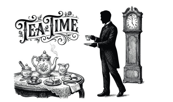 Five o'clock Tea time set with teacup, teapot, strainer. Gentleman holding cup and saucer. Vintage engraving style. Victorian Era hand drawn vector illustration