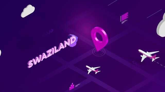 Isometric Design, Swaziland Map Silhouette Location Pin and Airplanes on Purple Animation, Travel Background