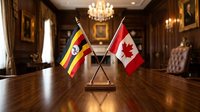 Uganda and Canada flags crossed on wooden table in a classic luxury boardroom for diplomatic talks