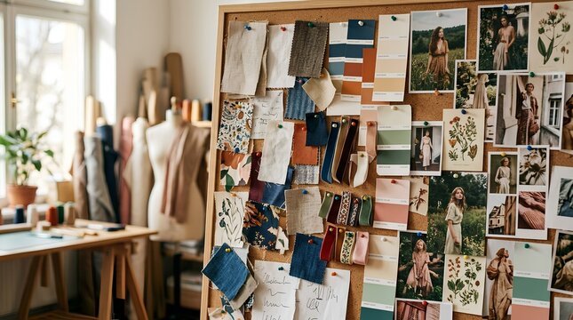 Fashion designer's creative studio workspace with cork inspiration mood board displaying fabric swatches, color palettes, model photographs, botanical illustrations, and textile materials