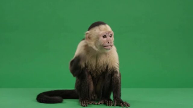 White faced capuchin monkey sitting and gesturing on green screen chroma key