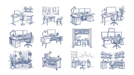 Obraz premium Hand drawn office desk illustrations, set of 12 workspace sketches with computer setups, blue ink line art of home office furniture and workstations