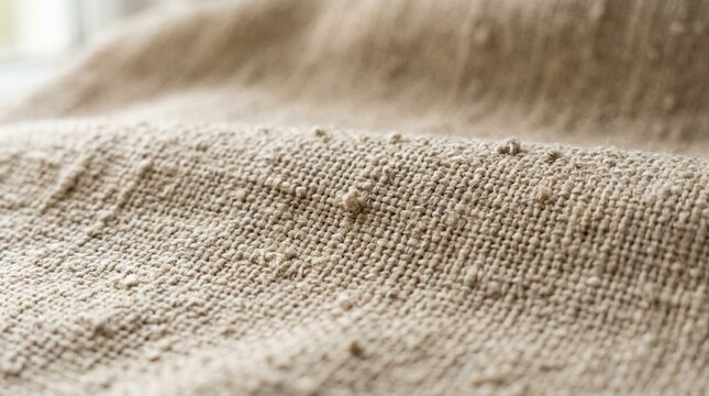 Close-up Macro Photography of Natural Beige Woven Fabric Texture Showing Nubby Linen Weave Pattern with Soft Side Lighting Highlighting Rough Textile Surface Detail for Interior Design Backgrounds
