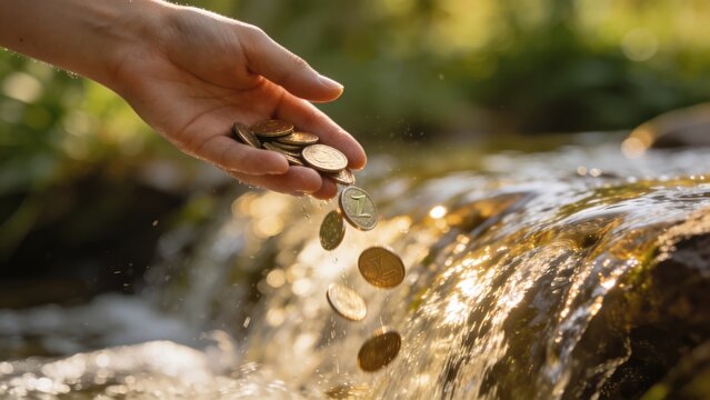 Hand dropping coins into flowing water, symbolizing financial loss or investment