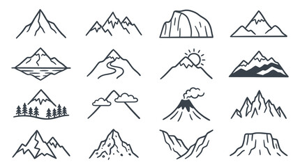 Fototapeta premium Sleek Black and White Mountain Landscape Icons Set with Various Scenic Elements and Activities with high quality professional line art symbols for modern creative design and digital branding projects
