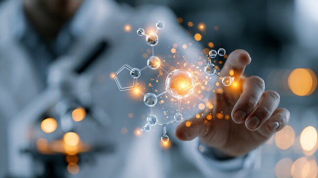 Close-up pharmaceutical laboratory with scientist presenting glowing chemical compound, molecular engineering concept,