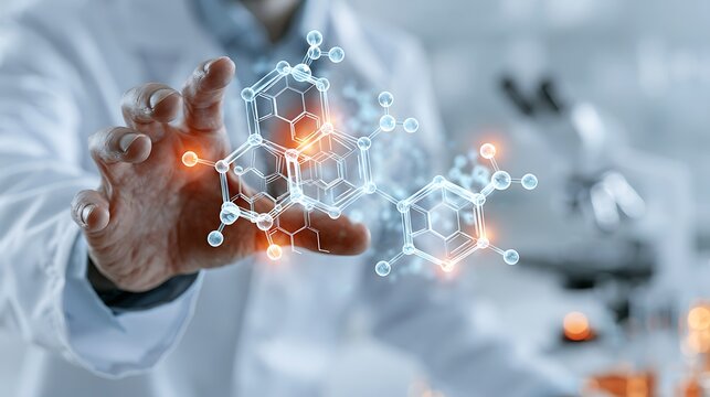Close-up pharmaceutical laboratory with scientist presenting glowing chemical compound, molecular engineering concept,