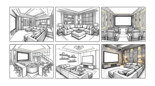 Modern home theater interior sketches, set of 6 architectural living room drawings, luxury cinema room design concepts with sofas and large screens