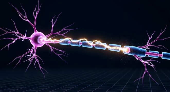 Neural cell with electrical signal traveling along axon