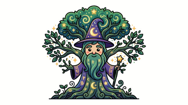 Whimsical Wizard Tree Character with Stars and Moon