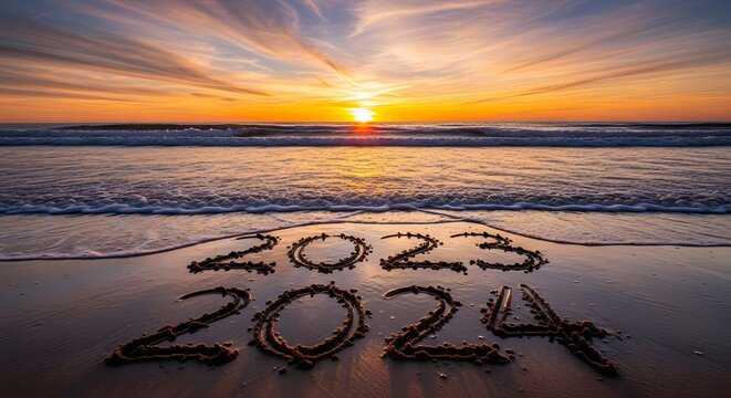 Numbers 2023 and 2024 written in sand at beach sunset