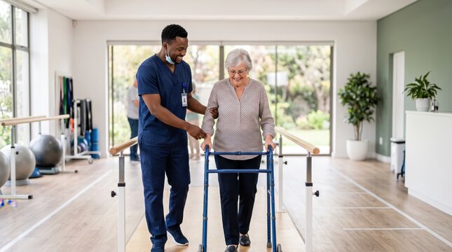 Senior woman using walker with physical therapist, rehabilitation care, elderly mobility assistance, healthcare professional helping patient walk, recovery exercise in modern cl...