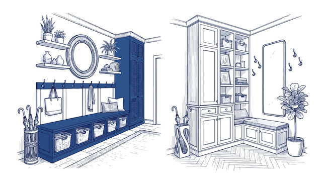 Hand drawn mudroom interior sketches, entryway storage furniture with bench and coat hooks, blue line art hallway organization vector set