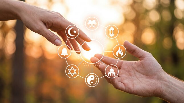 Two hands reaching toward glowing interfaith religious symbols including Islam Christianity Judaism Hinduism Buddhism Taoism representing spiritual unity diversity harmony peace...