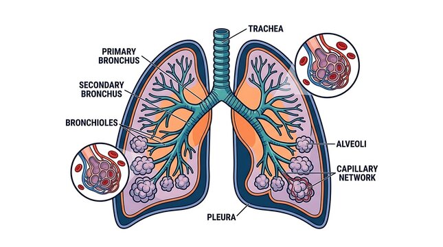 Anatomy of human lungs with detailed labels for respiratory parts