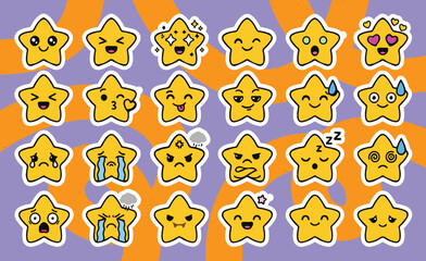 Fototapeta premium cute cartoon star character sticker set featuring various emotional expressions and moods against a purple and orange swirling background