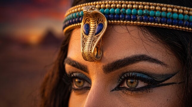 Close-up of a woman's eyes adorned with ancient Egyptian cobra headdress
