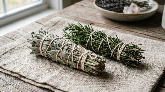 Sage and rosemary bundles tied with twine on a rustic wood table.