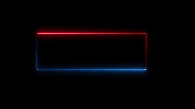 Neon glowing rounded rectangle picture frame icon animation. Glowing two color neon box round shape screen rotation border frame on a black background