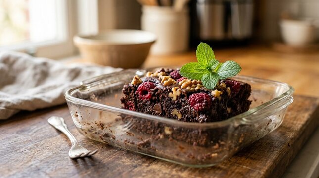 Decadent Dark Chocolate Brownie with Raspberries, Toasted Walnuts and Fresh Mint in Clear Glass Dish, Rustic Homemade Dessert on Wooden Table with Vintage Fork, Rich Indulgent Sweet Treat