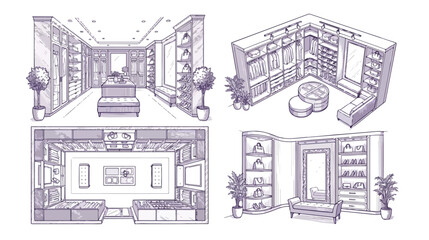Obraz premium Hand-drawn walk-in closet sketches, luxury dressing room interior design set, 4 architectural vector illustrations of modern wardrobe storage systems