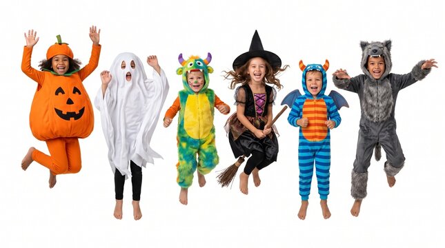Diverse group of young children wearing fun festive garments for a holiday celebration jump excitedly while displaying their imaginative character apparel to enjoy the spooky season with happy