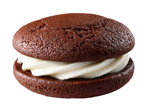 Classic chocolate whoopie pie with smooth vanilla cream filling, isolated on a white background with a soft cake-like texture.