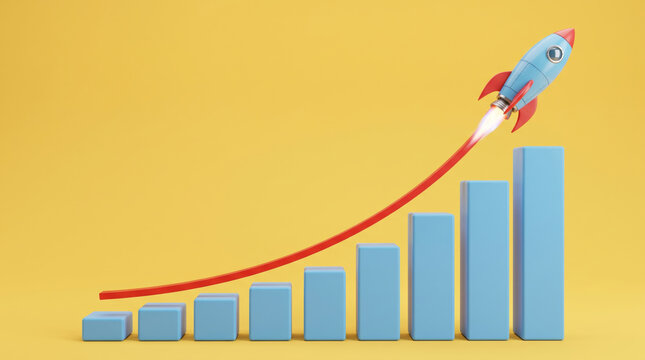 Optimistic quarter growth rocket flying above rising blue financial bar chart. . Business financial strategy planning. statistic chart report, revenue profit, performance progress success