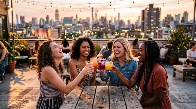 Group of four diverse young women friends toasting with colorful cocktails on urban rooftop terrace during golden hour sunset, celebrating friendship, joy and good times with city skyline background