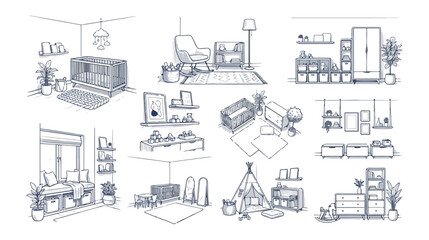 Obraz premium Hand drawn nursery interior sketches, baby room furniture collection with crib and teepee, minimalist kids bedroom line art vector set